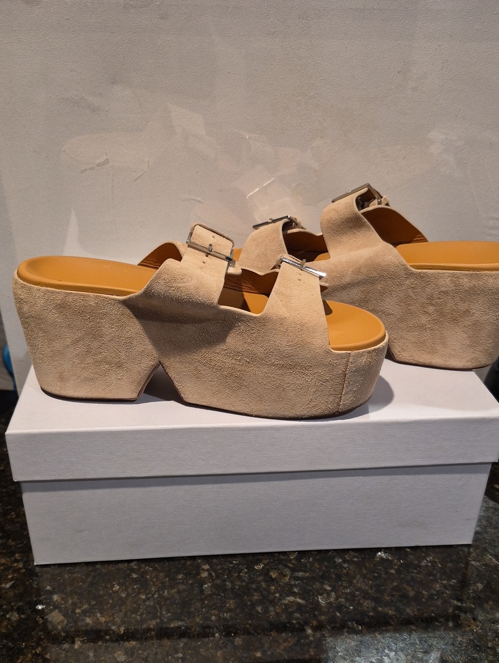 Robert Clergerie Beige Suede Platform Slide Sandals with Silver Buckles